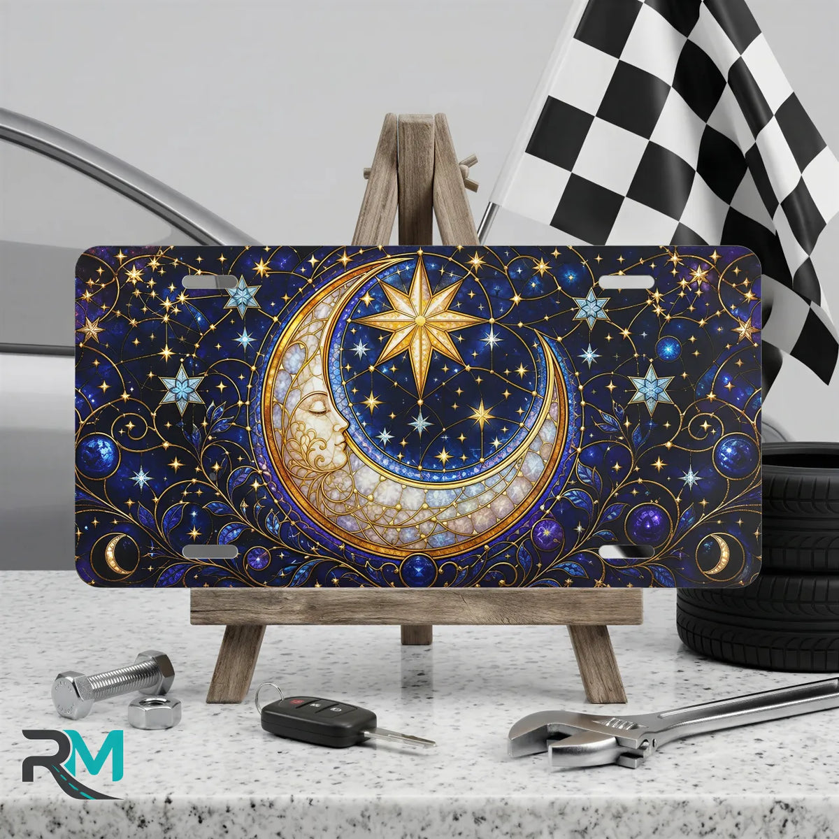 moon star celestial vanity plate on display stand — deep indigo crescent moon gold stars aluminum plate