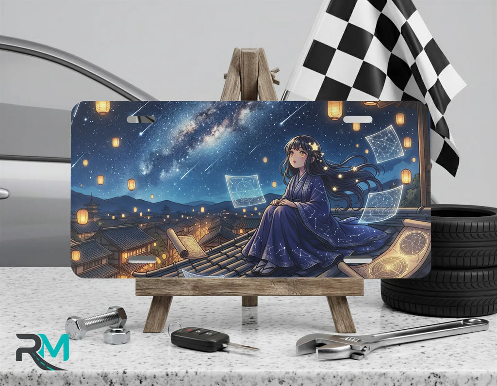 starry night girl vanity plate on display stand — deep blue night rooftop lanterns aluminum plate