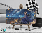 starry night girl vanity plate on display stand — deep blue night rooftop lanterns aluminum plate