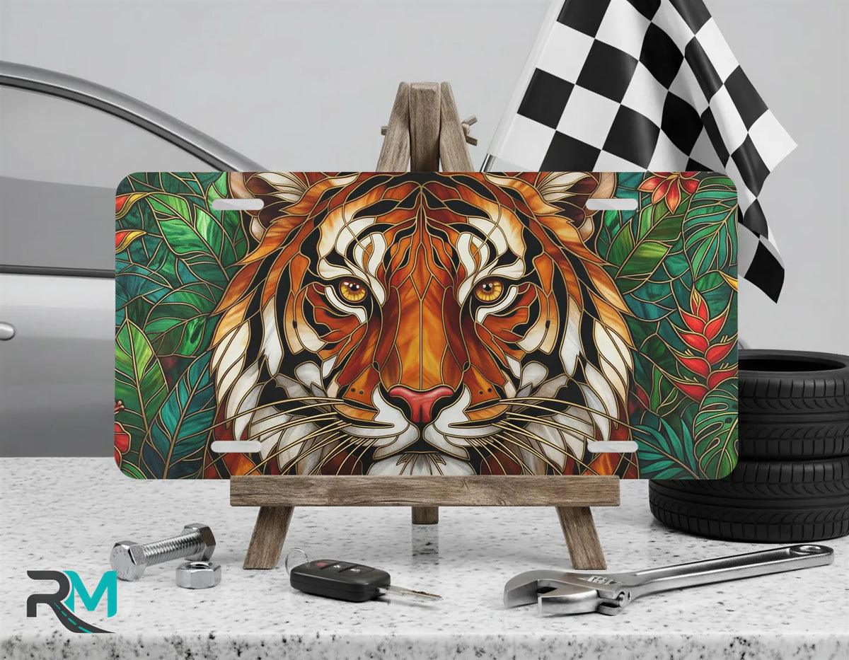 stained glass lion vanity plate on display stand — warm amber burnt gold lion aluminum plate