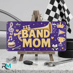 band mom vanity plate on display stand — musical notes instrument aluminum plate