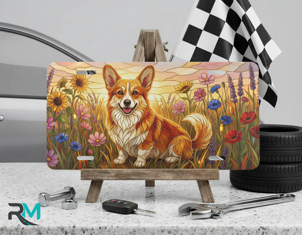 corgi wildflower vanity plate on display stand — soft gold pink corgi wildflower aluminum plate