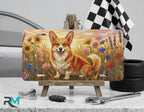 corgi wildflower vanity plate on display stand — soft gold pink corgi wildflower aluminum plate