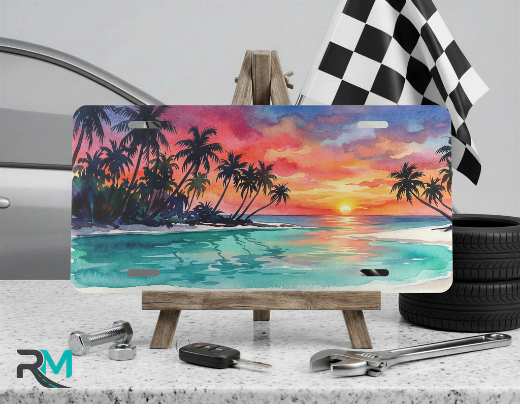 tropical vanity plate on display stand — fuchsia sky palm silhouette aluminum license plate