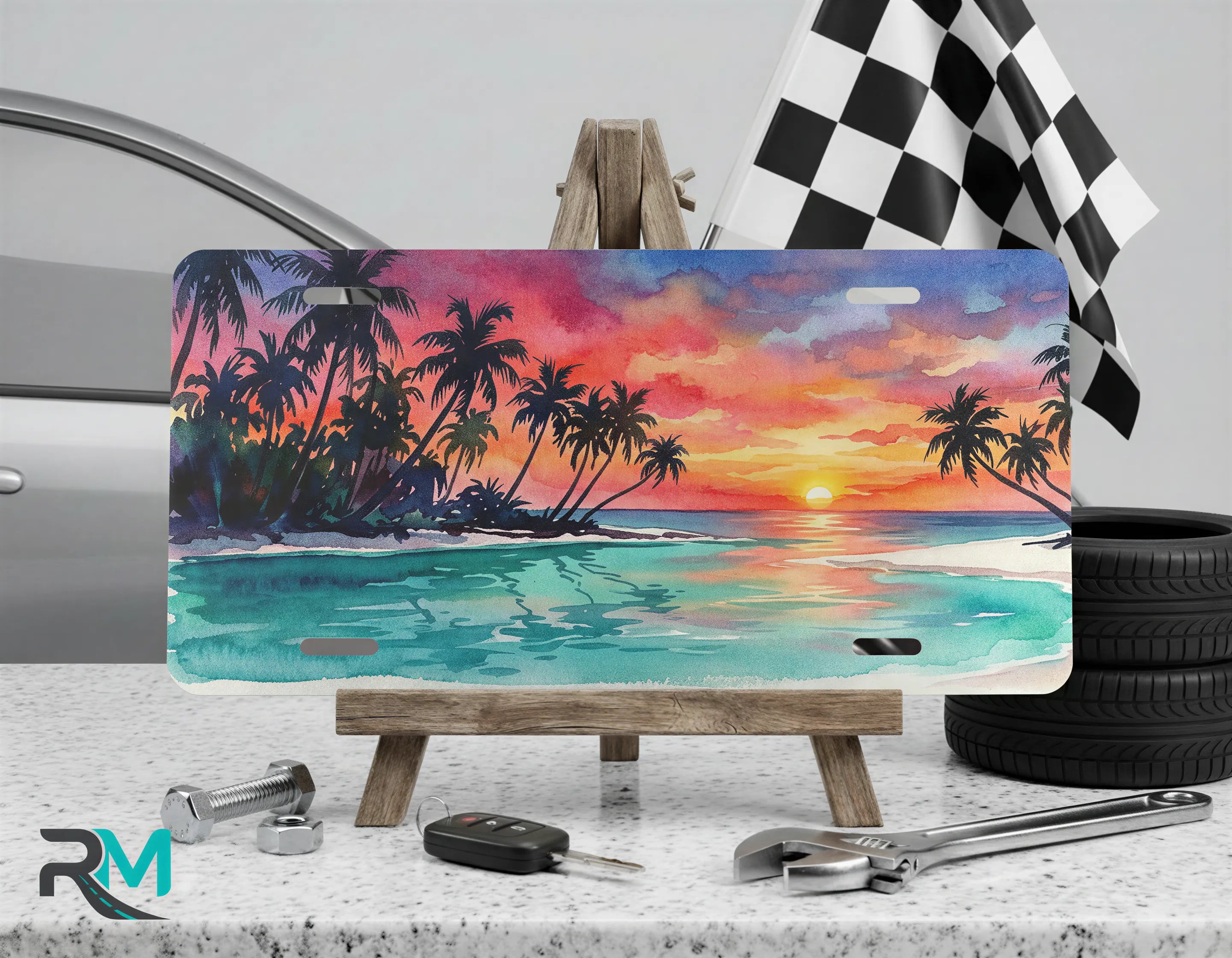tropical vanity plate on display stand — fuchsia sky palm silhouette aluminum license plate