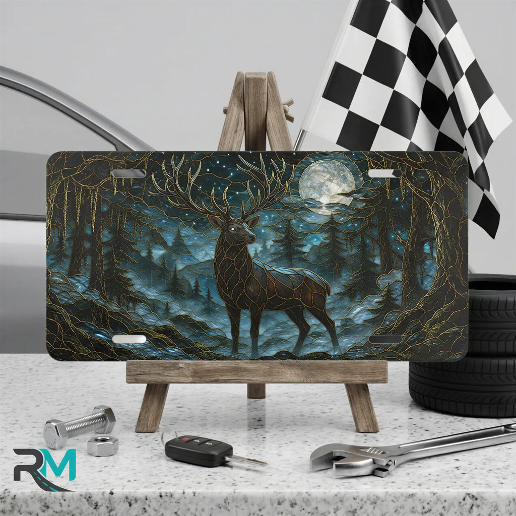 moonlit stag vanity plate on display stand — deep teal ink blue stag moonlit pines aluminum plate