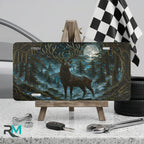moonlit stag vanity plate on display stand — deep teal ink blue stag moonlit pines aluminum plate