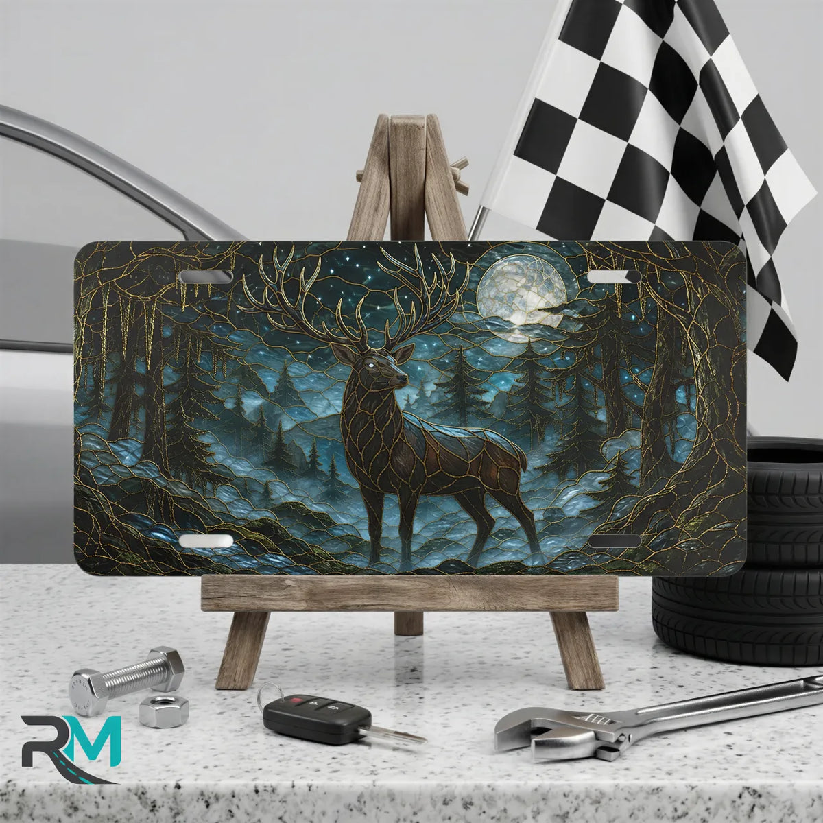 moonlit stag vanity plate on display stand — deep teal ink blue stag moonlit pines aluminum plate