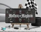 mother of mayhem vanity plate on display stand — gothic skull rose aluminum plate