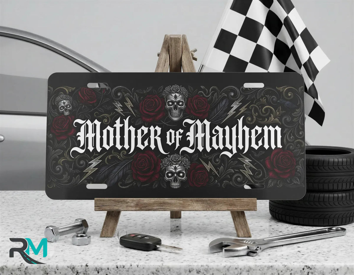 mother of mayhem vanity plate on display stand — gothic skull rose aluminum plate