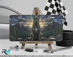mountain mastiff vanity plate on display stand — warm amber sunrise guardian dog aluminum plate