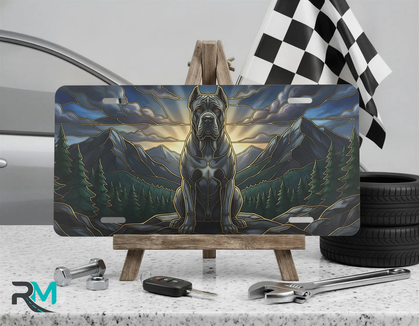 mountain mastiff vanity plate on display stand — warm amber sunrise guardian dog aluminum plate