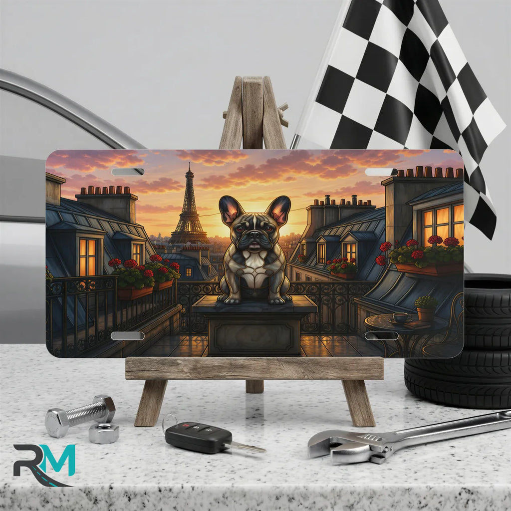 french bulldog paris vanity plate on display stand — Eiffel Tower rooftop bulldog aluminum plate