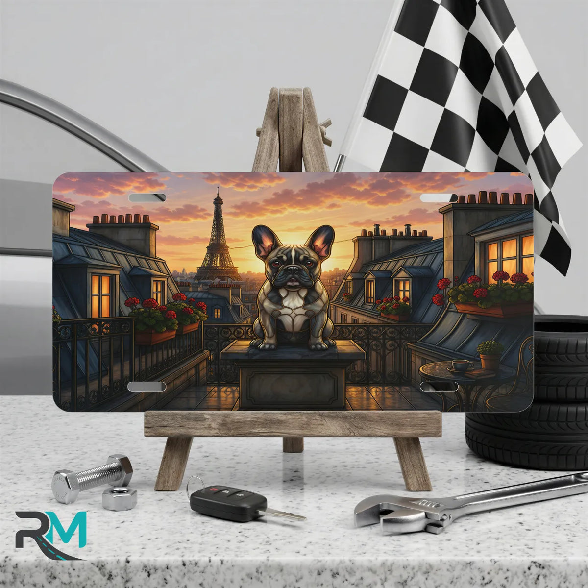 french bulldog paris vanity plate on display stand — Eiffel Tower rooftop bulldog aluminum plate