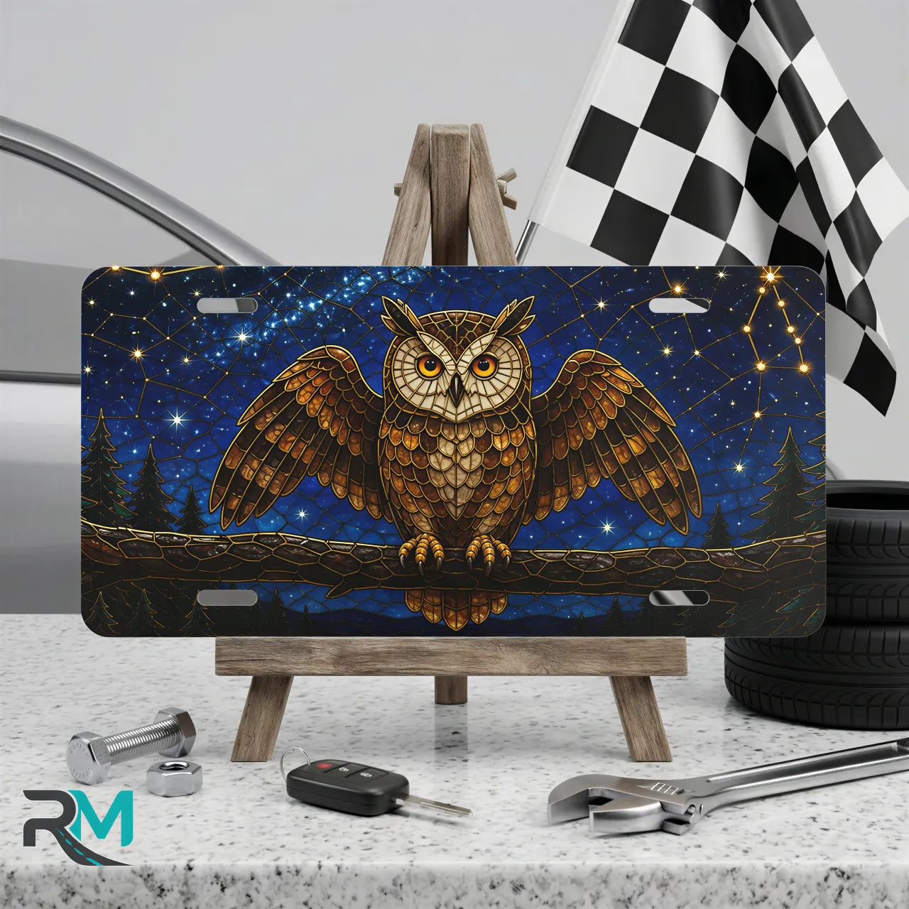 owl constellation vanity plate on display stand — midnight owl moonlit branch stars aluminum plate