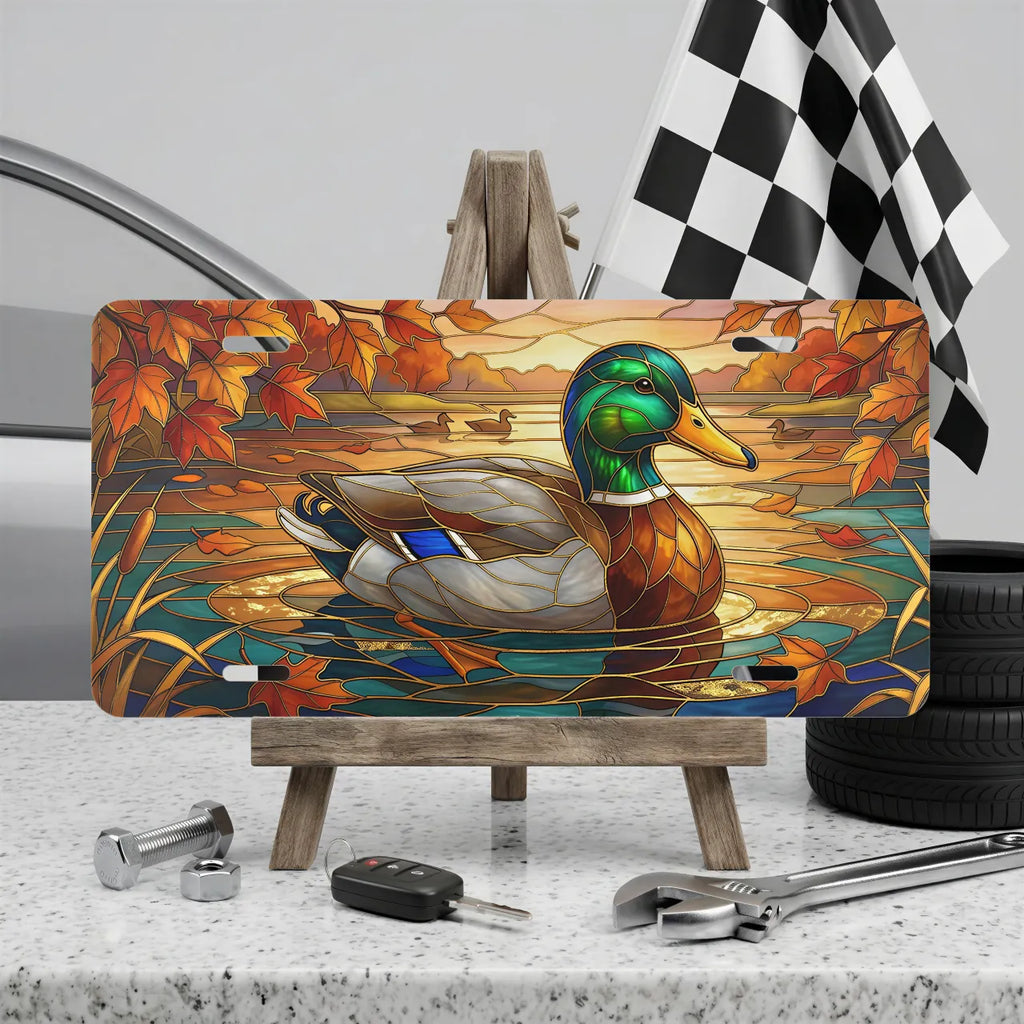 mallard duck vanity plate on display stand — emerald mallard autumn amber pond aluminum plate