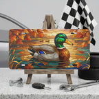 mallard duck vanity plate on display stand — emerald mallard autumn amber pond aluminum plate