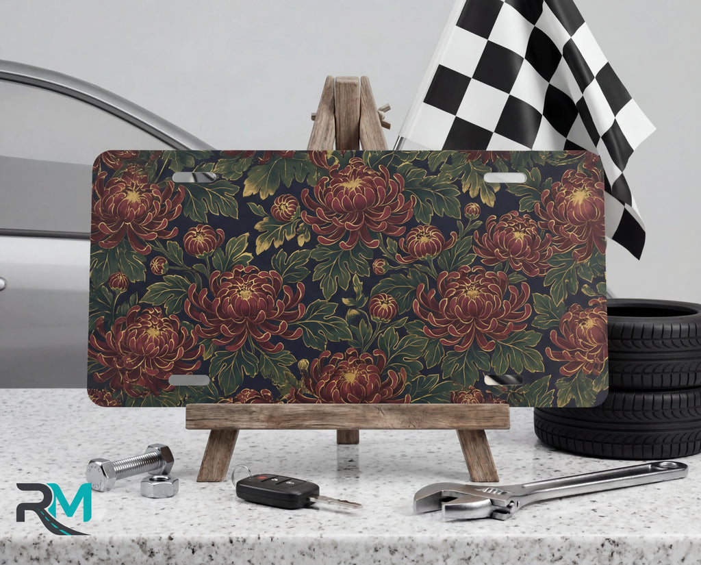 vintage floral chrysanthemum vanity plate on tire — deep burgundy chrysanthemums vintage botanical front license plate