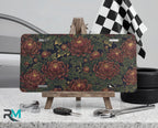 vintage floral chrysanthemum vanity plate on tire — deep burgundy chrysanthemums vintage botanical front license plate