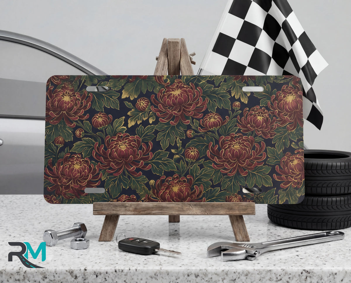 vintage floral chrysanthemum vanity plate on tire — deep burgundy chrysanthemums vintage botanical front license plate