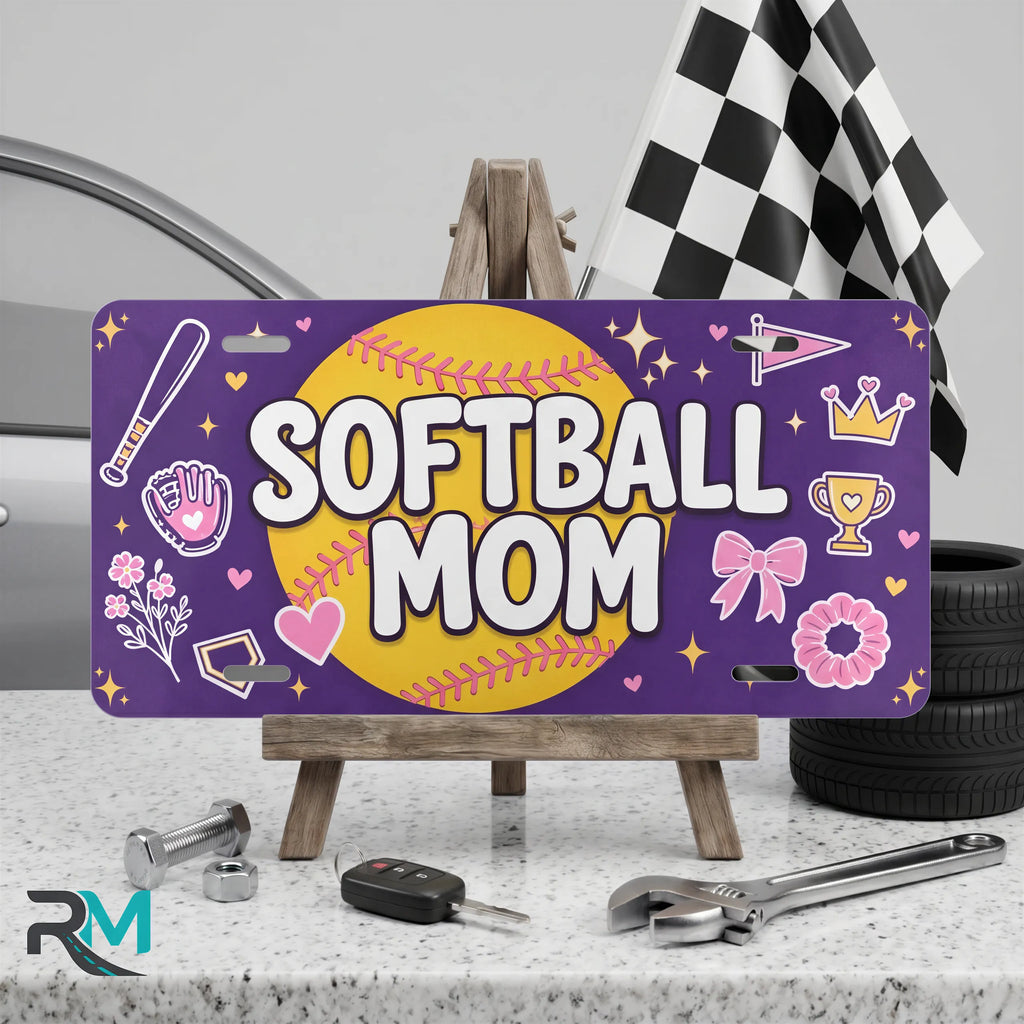 softball mom vanity plate on display stand — rich purple softball bat glove aluminum plate