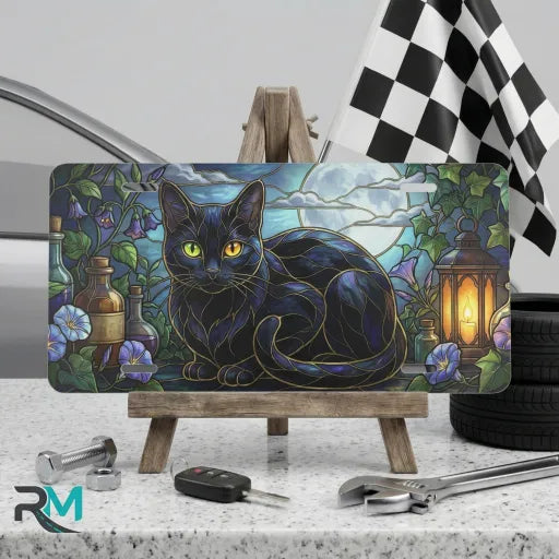black cat stained glass vanity plate on display stand — jewel tone black cat moon aluminum plate