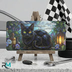 black cat stained glass vanity plate on display stand — jewel tone black cat moon aluminum plate