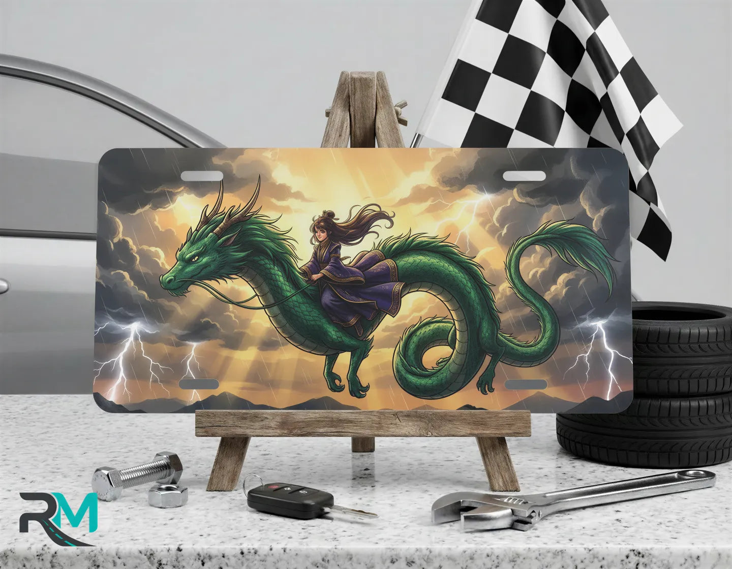 emerald dragon rider vanity plate on display stand — rich emerald green dragon rider aluminum plate
