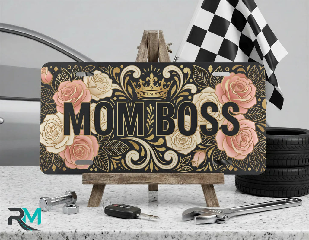 mom boss vanity plate on display stand — blush rose gold crown aluminum plate