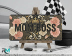 mom boss vanity plate on display stand — blush rose gold crown aluminum plate