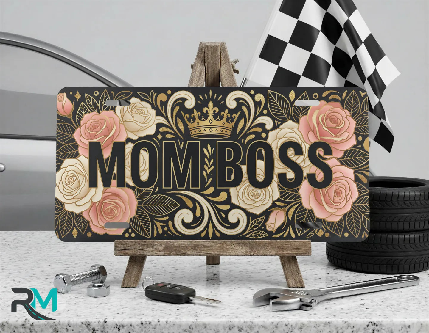 mom boss vanity plate on display stand — blush rose gold crown aluminum plate