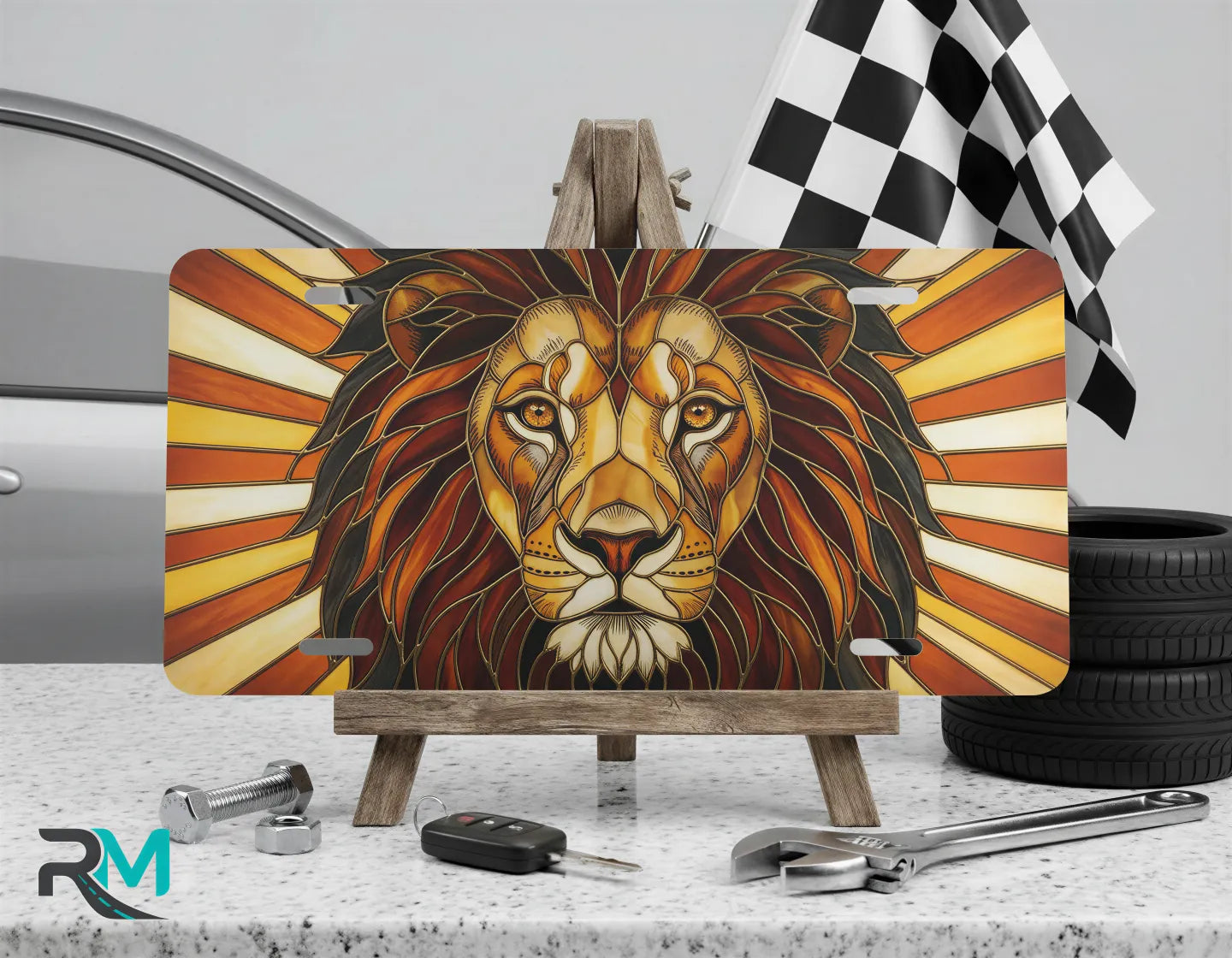 lion face vanity plate on display stand — warm amber rust golden lion aluminum plate