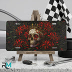 skull crown vanity plate on display stand — jewel red crowned skull chrysanthemum aluminum plate