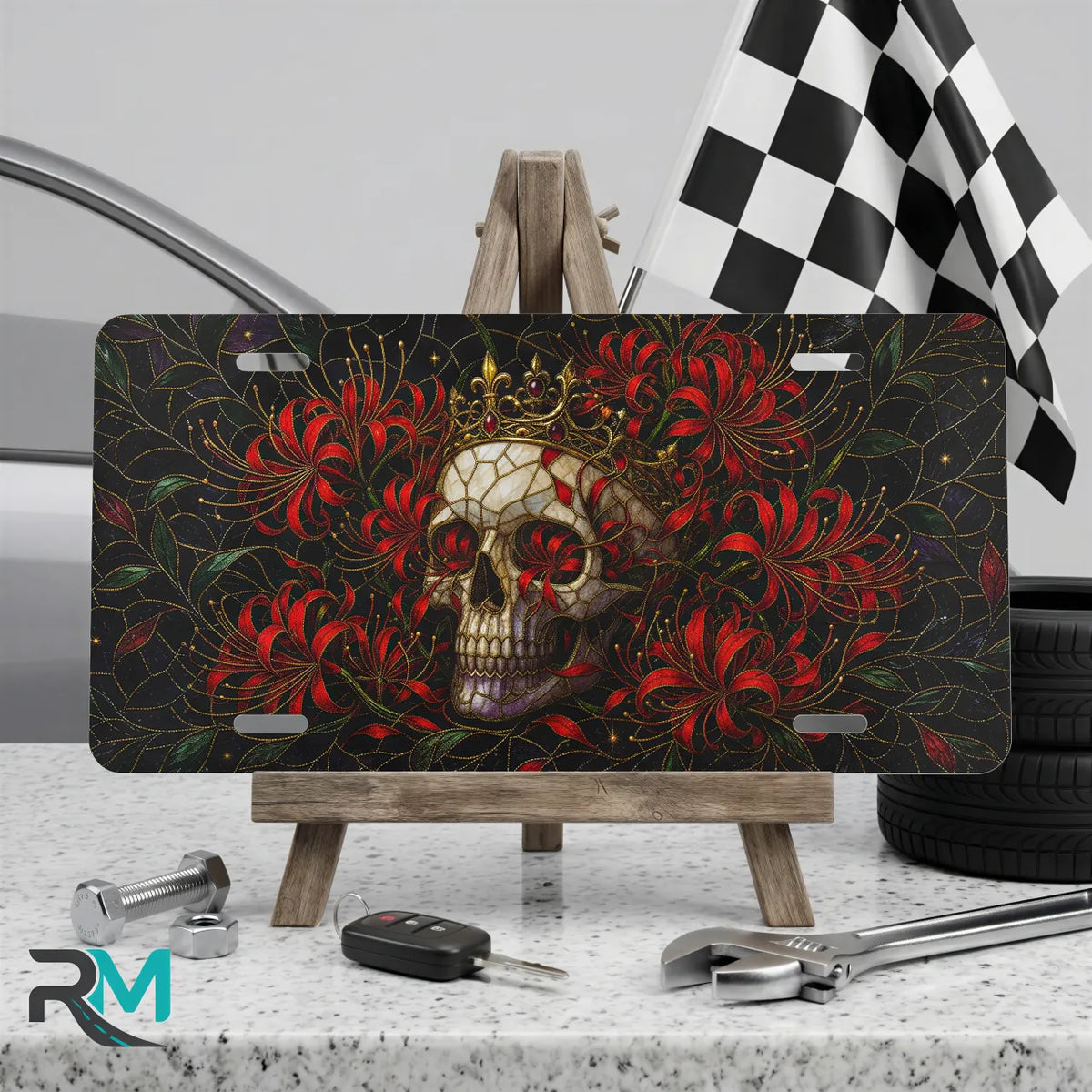 skull crown vanity plate on display stand — jewel red crowned skull chrysanthemum aluminum plate