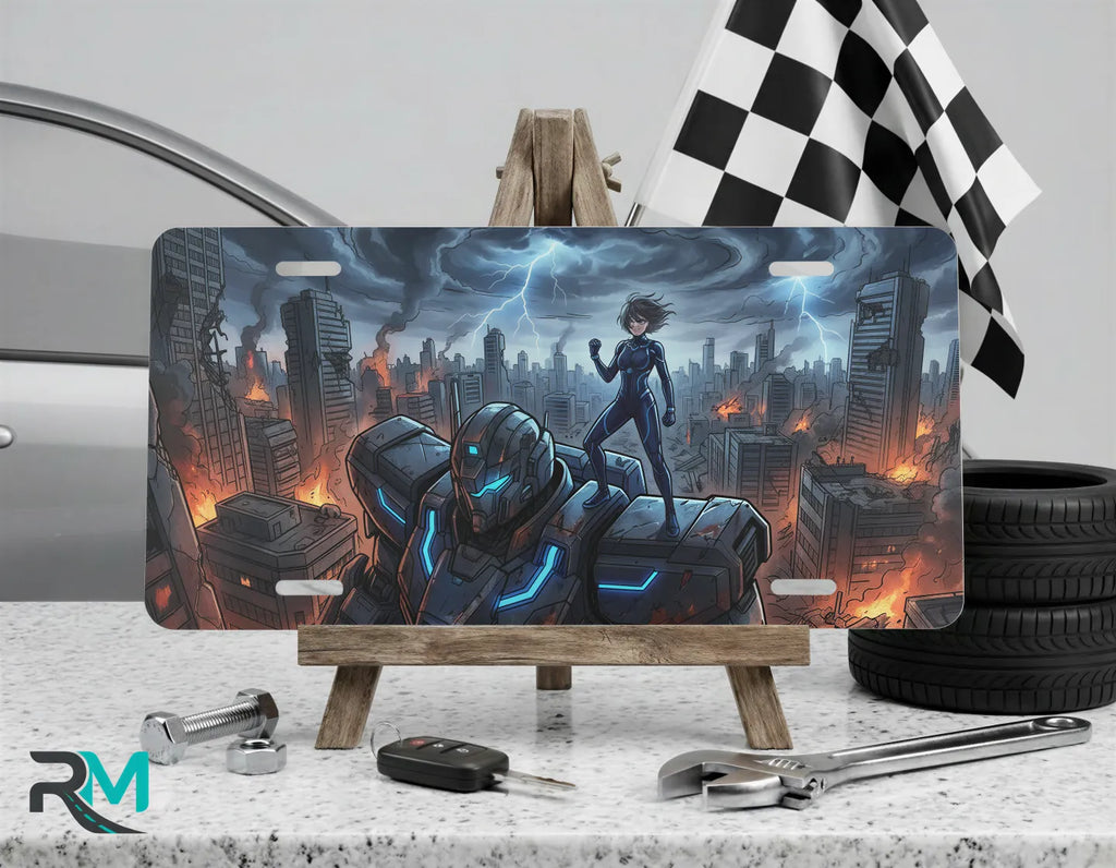 cyberpunk mech vanity plate on display stand — electric blue armored mech city aluminum plate