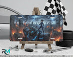 cyberpunk mech vanity plate on display stand — electric blue armored mech city aluminum plate