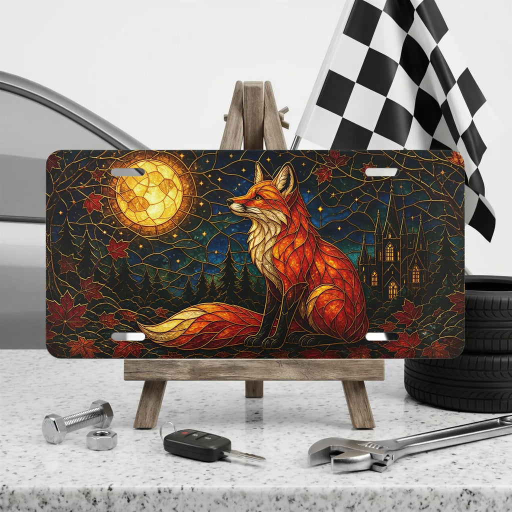fox moon vanity plate on display stand — jewel tone fox glowing moon autumn castle aluminum plate