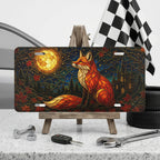 fox moon vanity plate on display stand — jewel tone fox glowing moon autumn castle aluminum plate