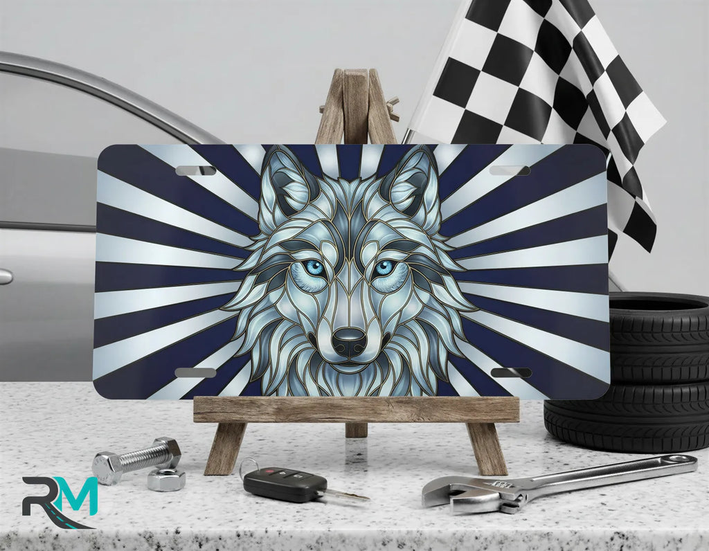 blue wolf vanity plate on display stand — cool navy icy blue graphite wolf aluminum plate