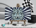 blue wolf vanity plate on display stand — cool navy icy blue graphite wolf aluminum plate