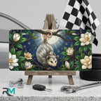 opossum moon vanity plate on display stand — moonlit opossum magnolia bloom aluminum plate
