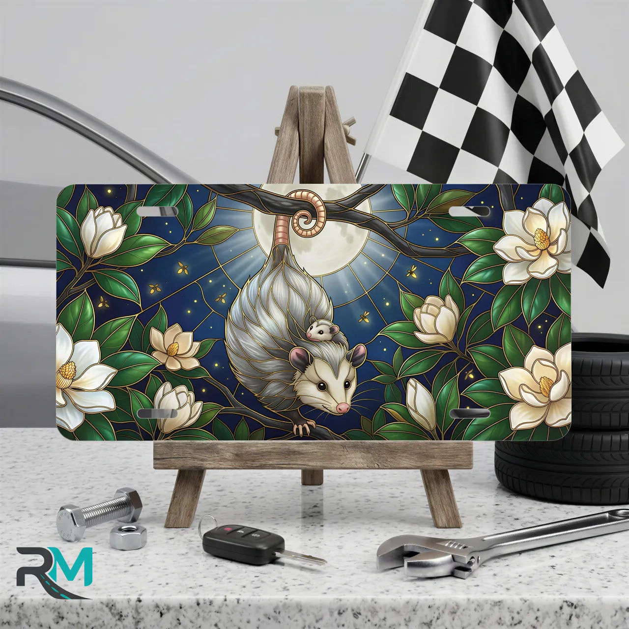 opossum moon vanity plate on display stand — moonlit opossum magnolia bloom aluminum plate