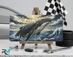 whale vanity plate on display stand — deep ocean blue gold breaching whale aluminum plate