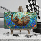 sea otter stained glass vanity plate on display stand — jewel teal otter kelp aluminum plate