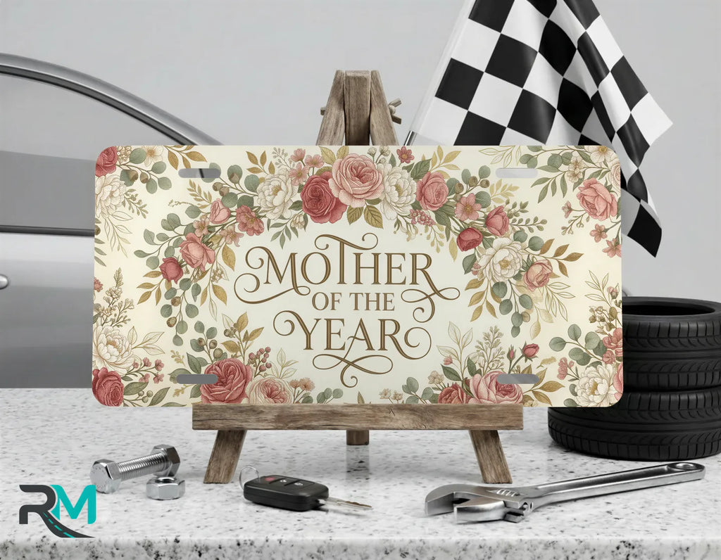 mother of the year vanity plate on display stand — dusty pink sage vintage aluminum plate