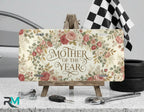 mother of the year vanity plate on display stand — dusty pink sage vintage aluminum plate