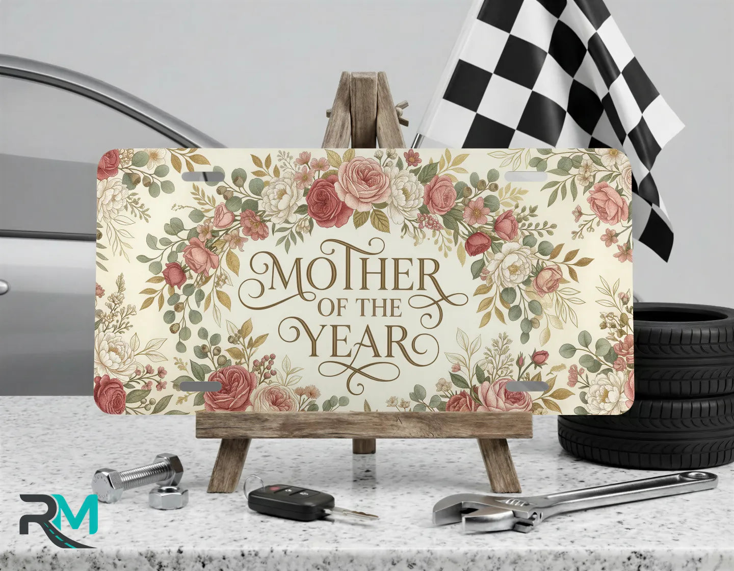 mother of the year vanity plate on display stand — dusty pink sage vintage aluminum plate