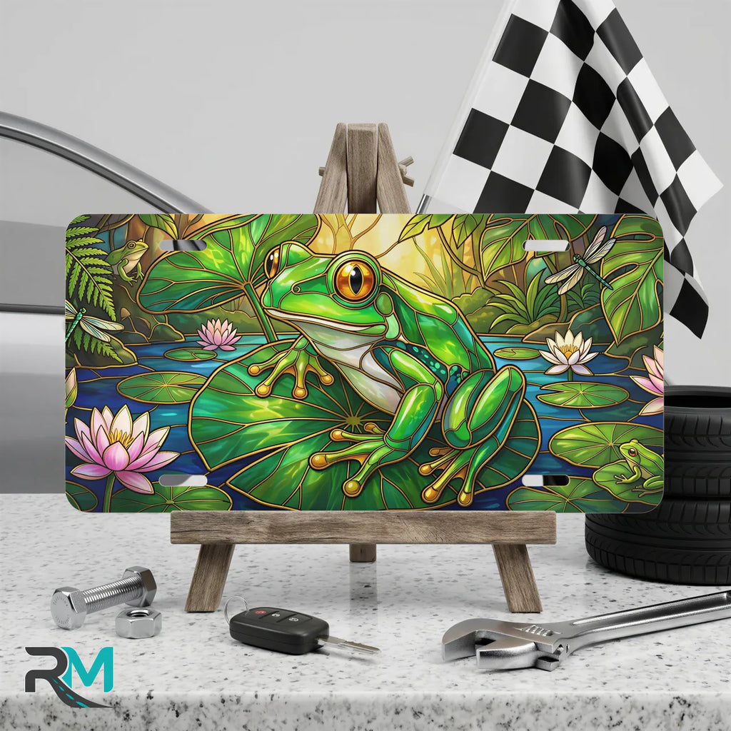 green tree frog vanity plate on display stand — jewel green frog lily pad aluminum plate