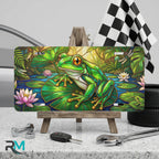 green tree frog vanity plate on display stand — jewel green frog lily pad aluminum plate