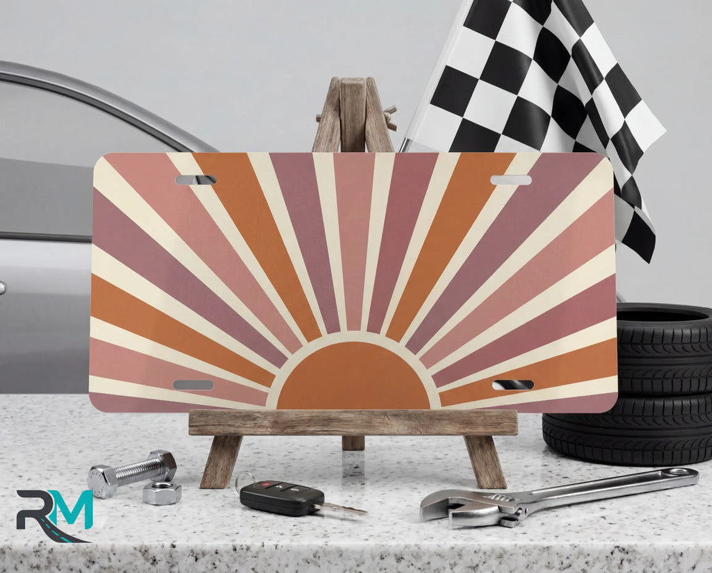 terracotta sunrise vanity plate on display stand — muted rose cream boho aluminum plate